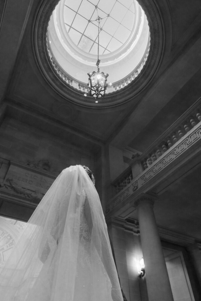 Unique perspective of bride in city hall