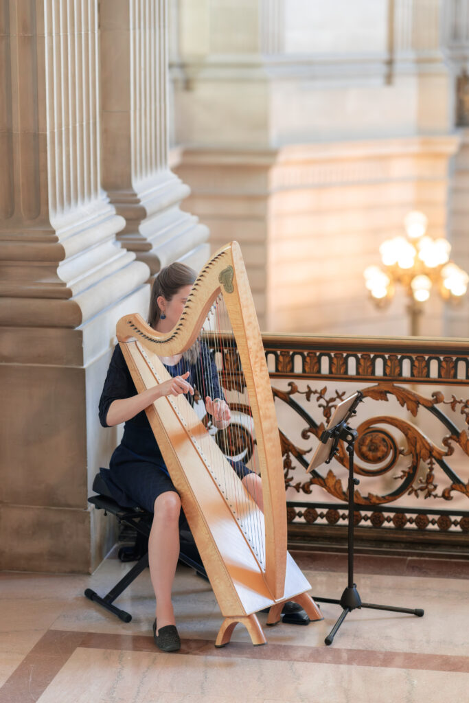 Wedding Harpist strumming at City Hall